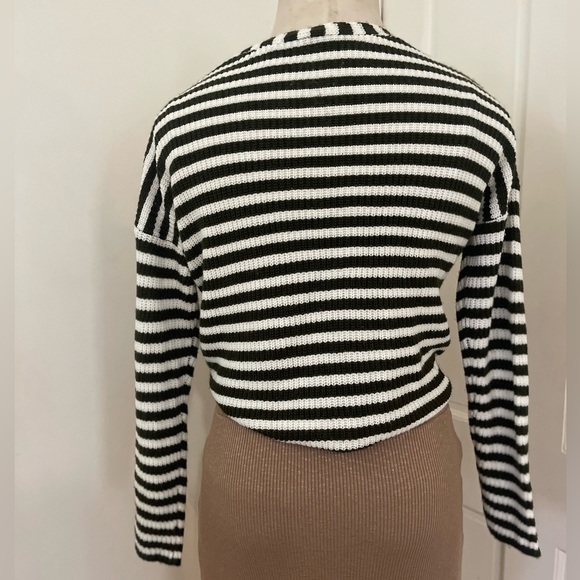 White and Green Wafle Knit Striped Tie Front Sweater Top - Picture 7 of 9